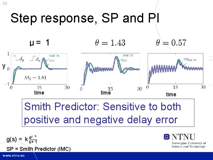 56 Step response, SP and PI y time Smith Predictor: Sensitive to both positive