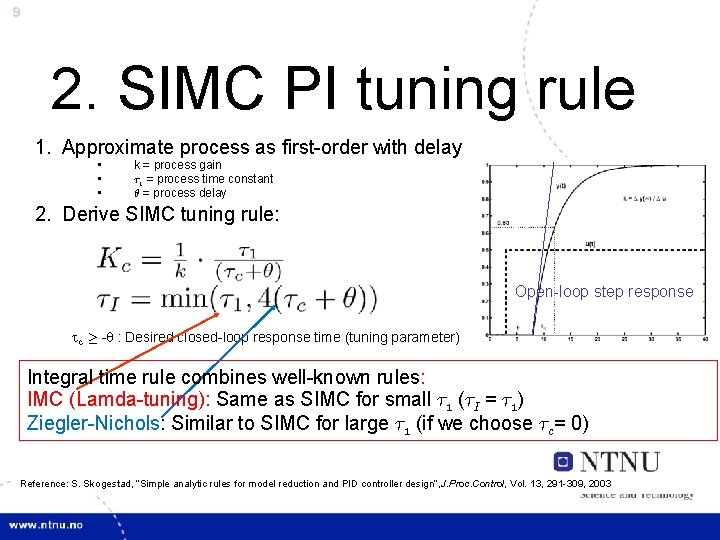 9 2. SIMC PI tuning rule 1. Approximate process as first-order with delay •