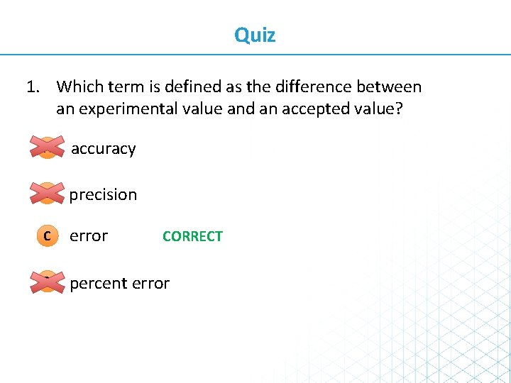 Quiz 1. Which term is defined as the difference between an experimental value and