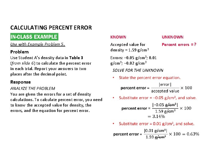CALCULATING PERCENT ERROR Use with Example Problem 5. Problem Use Student A’s density data