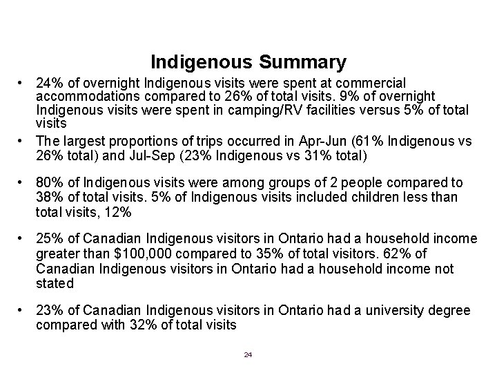 Indigenous Summary • 24% of overnight Indigenous visits were spent at commercial accommodations compared