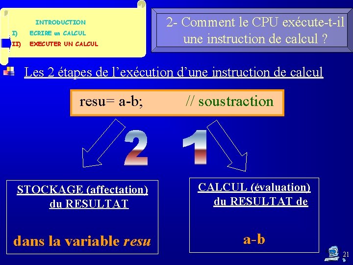 INTRODUCTION I) ECRIRE un CALCUL II) EXECUTER UN CALCUL 2 - Comment le CPU