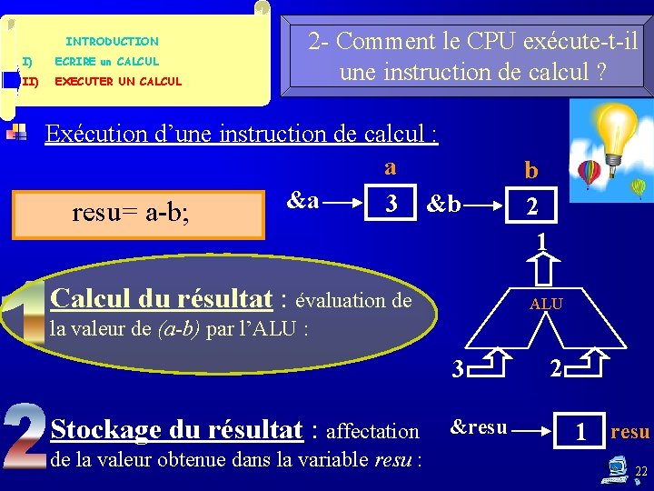 INTRODUCTION I) ECRIRE un CALCUL II) EXECUTER UN CALCUL 2 - Comment le CPU