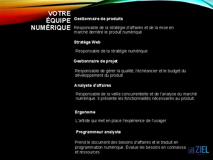 VOTRE ÉQUIPE NUMÉRIQUE Gestionnaire de produits Responsable de la stratégie d’affaires et de la