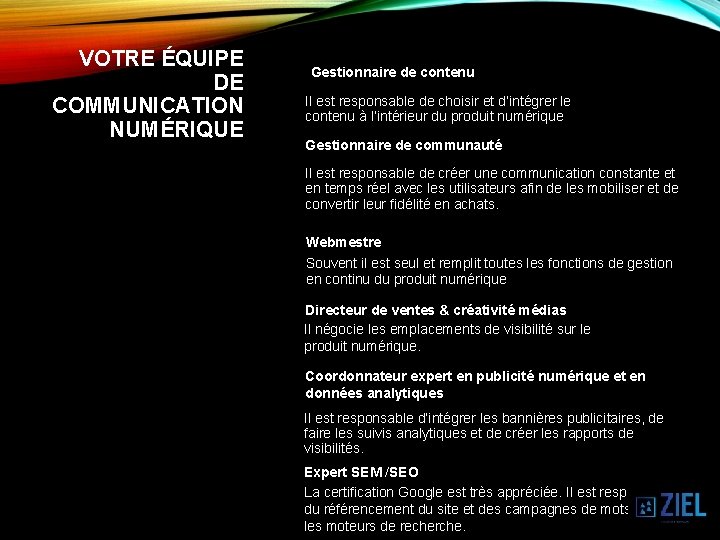 VOTRE ÉQUIPE DE COMMUNICATION NUMÉRIQUE Gestionnaire de contenu Il est responsable de choisir et