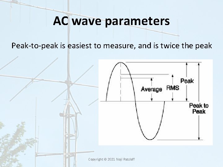 AC wave parameters Peak-to-peak is easiest to measure, and is twice the peak Copyright AC wave parameters Peak-to-peak is easiest to measure, and is twice the peak Copyright