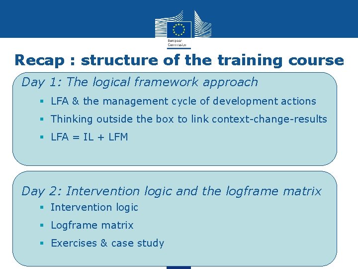 Recap : structure of the training course Day 1: The logical framework approach §