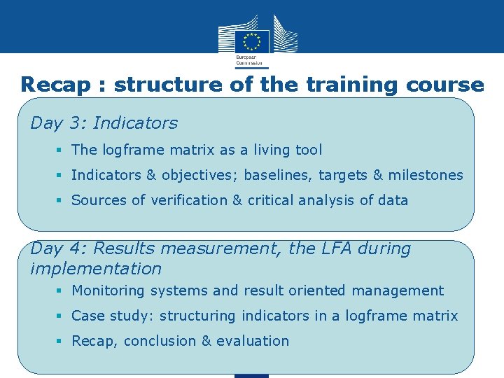 Recap : structure of the training course Day 3: Indicators § The logframe matrix