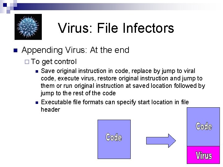 Virus: File Infectors n Appending Virus: At the end ¨ To n n get