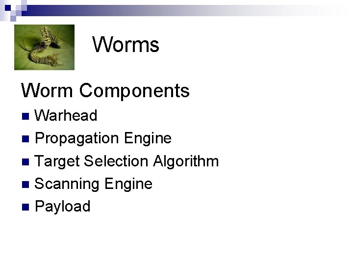 Worms Worm Components Warhead n Propagation Engine n Target Selection Algorithm n Scanning Engine