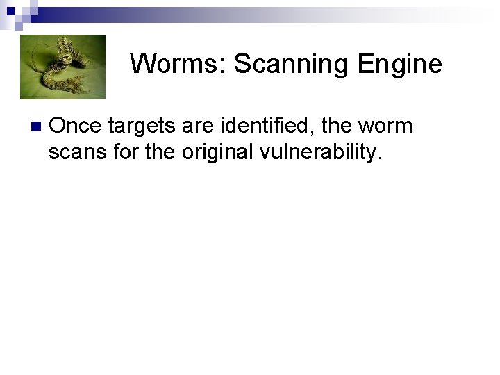 Worms: Scanning Engine n Once targets are identified, the worm scans for the original