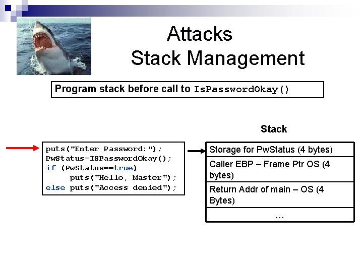 Attacks Stack Management Program stack before call to Is. Password. Okay() Stack puts("Enter Password: