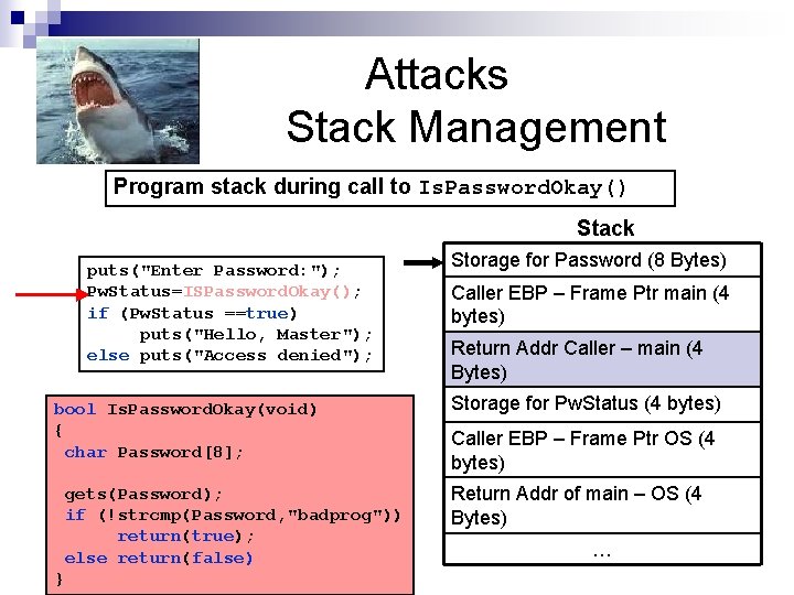 Attacks Stack Management Program stack during call to Is. Password. Okay() Stack puts("Enter Password: