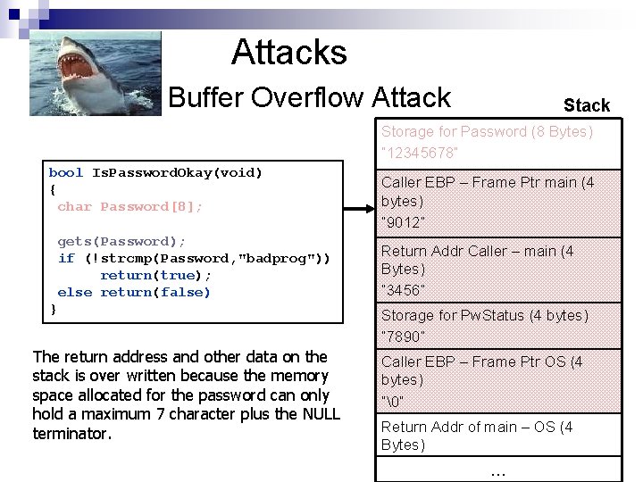 Attacks Buffer Overflow Attack Storage for Password (8 Bytes) “ 12345678” bool Is. Password.