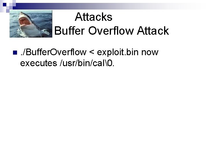 Attacks Buffer Overflow Attack n . /Buffer. Overflow < exploit. bin now executes /usr/bin/cal .