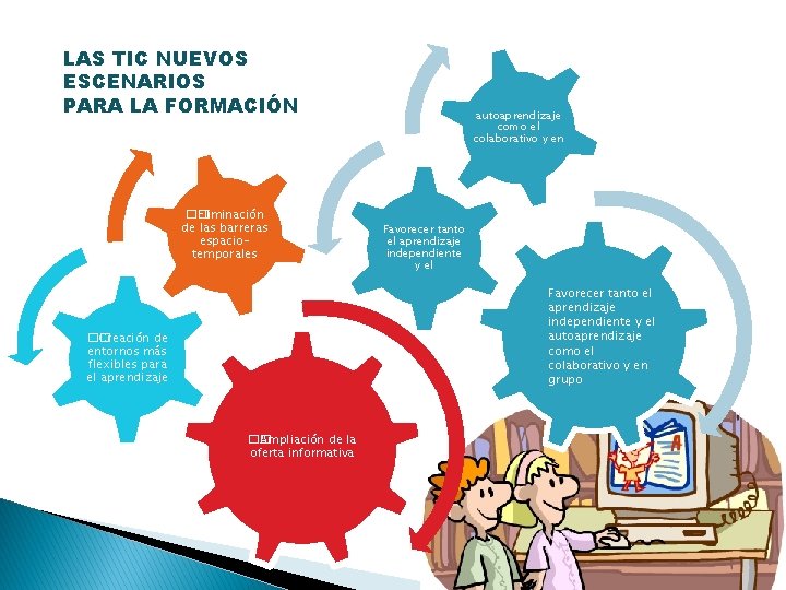 LAS TIC NUEVOS ESCENARIOS PARA LA FORMACIÓN �� Eliminación de las barreras espaciotemporales autoaprendizaje