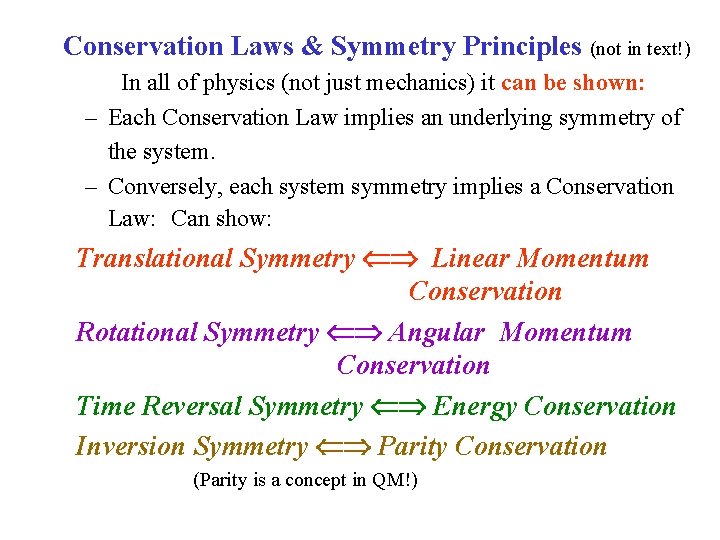 Conservation Laws & Symmetry Principles (not in text!) In all of physics (not just