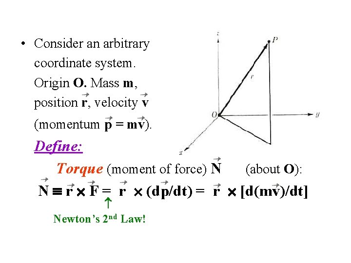  • Consider an arbitrary coordinate system. Origin O. Mass m, position r, velocity