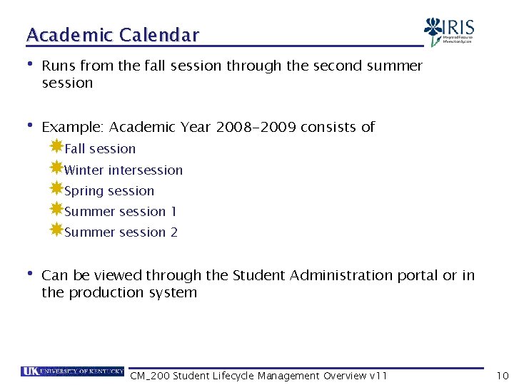 Academic Calendar • Runs from the fall session through the second summer session •