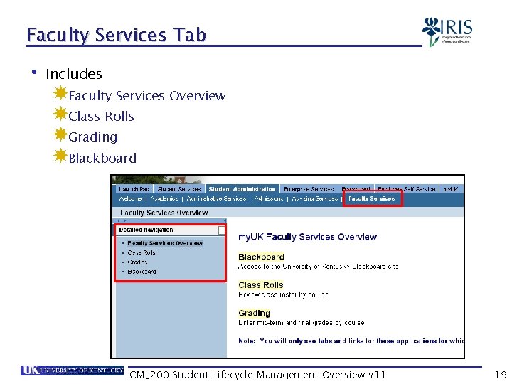 Faculty Services Tab • Includes Faculty Services Overview Class Rolls Grading Blackboard CM_200 Student