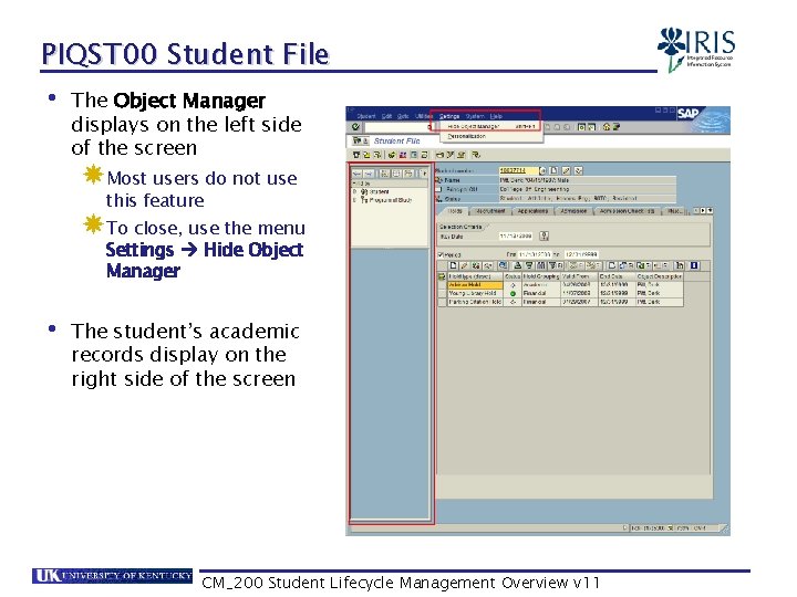 PIQST 00 Student File • The Object Manager displays on the left side of