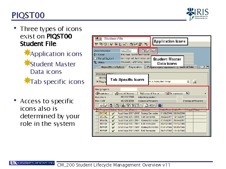 PIQST 00 • Three types of icons exist on PIQST 00 Student File Application