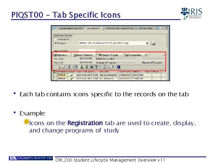 PIQST 00 – Tab Specific Icons • Each tab contains icons specific to the