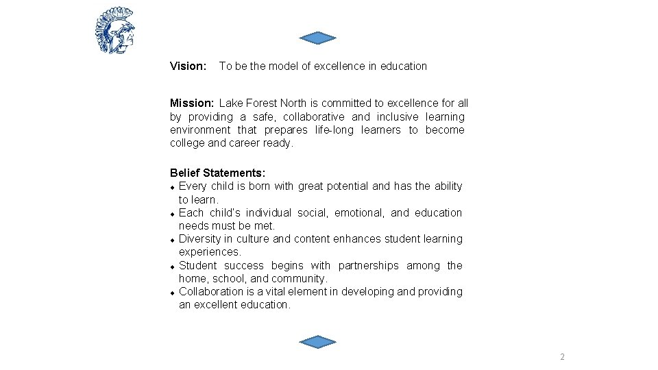 Vision: To be the model of excellence in education Mission: Lake Forest North is