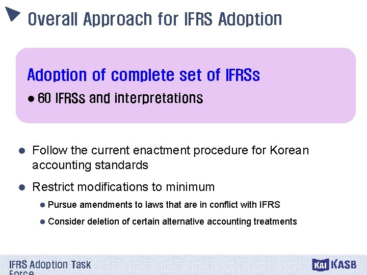 Overall Approach for IFRS Adoption of complete set of IFRSs l 60 IFRSs and