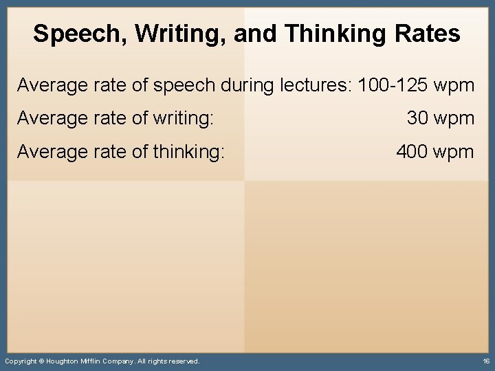 Speech, Writing, and Thinking Rates Average rate of speech during lectures: 100 -125 wpm