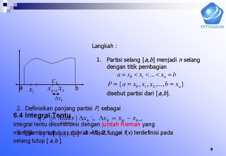 Langkah : 1. Partisi selang [a, b] menjadi n selang dengan titik pembagian a