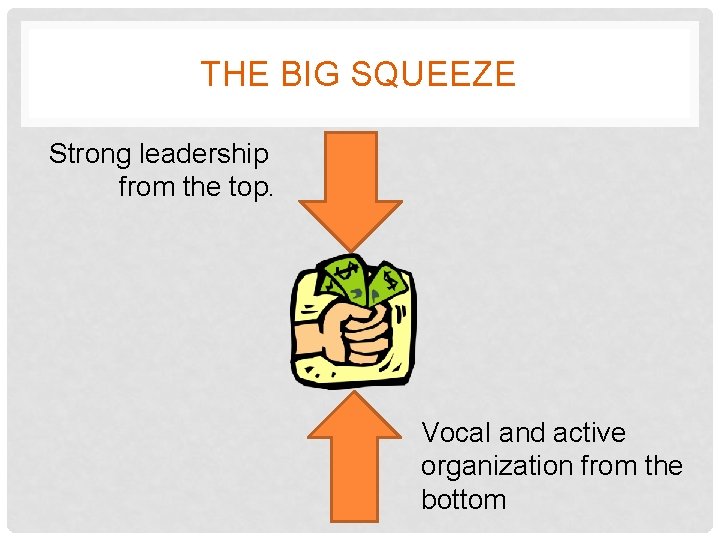 THE BIG SQUEEZE Strong leadership from the top. Vocal and active organization from the