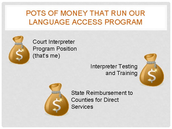 POTS OF MONEY THAT RUN OUR LANGUAGE ACCESS PROGRAM Court Interpreter Program Position (that’s