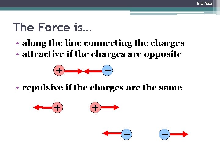 End Slide The Force is… • along the line connecting the charges • attractive