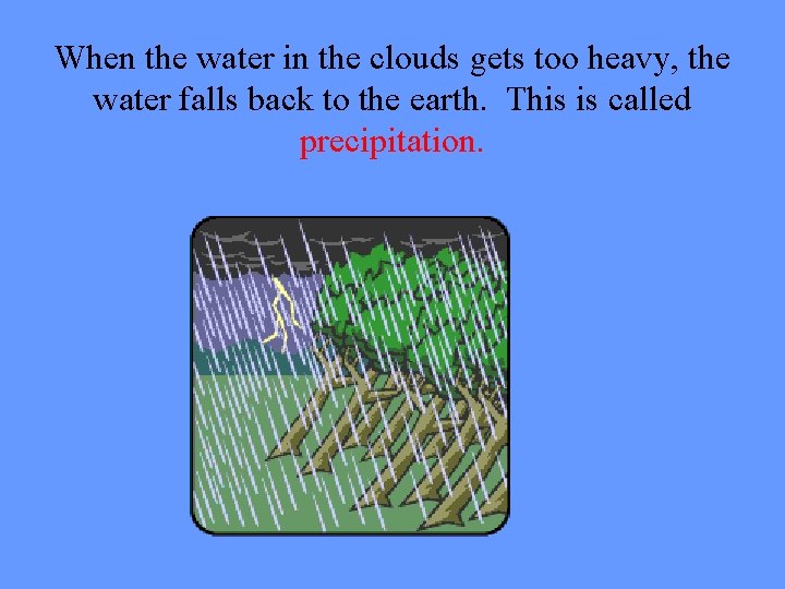 When the water in the clouds gets too heavy, the water falls back to