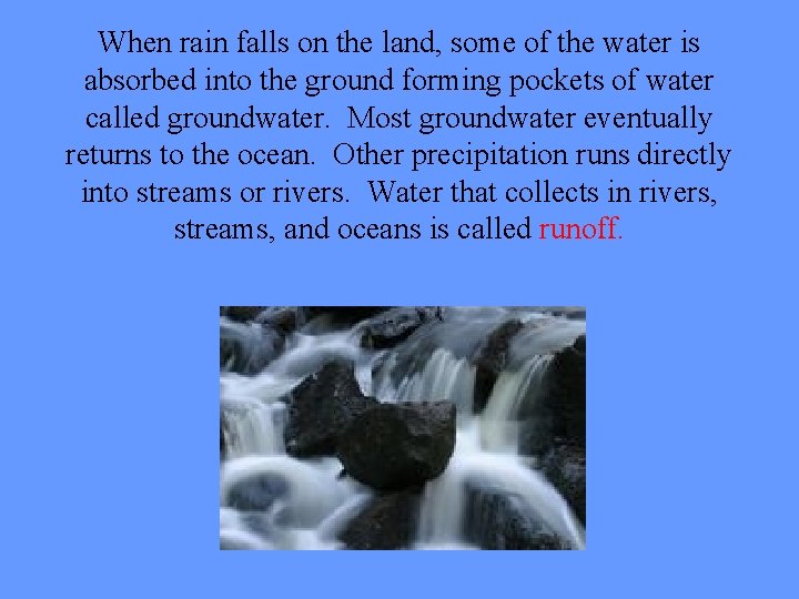When rain falls on the land, some of the water is absorbed into the