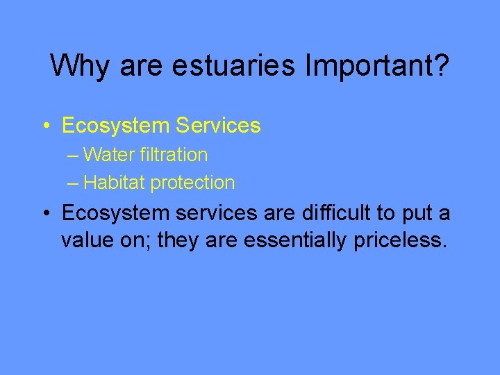 Why are estuaries Important? • Ecosystem Services – Water filtration – Habitat protection •