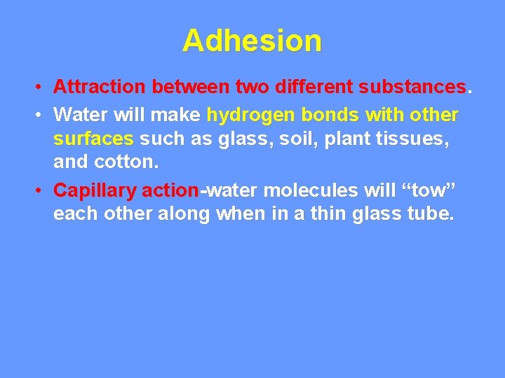 Adhesion • Attraction between two different substances. • Water will make hydrogen bonds with