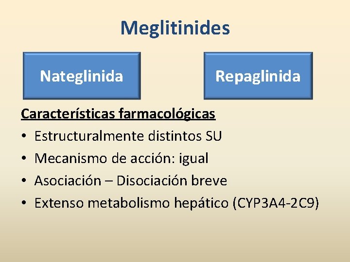 Meglitinides Nateglinida Repaglinida Características farmacológicas • Estructuralmente distintos SU • Mecanismo de acción: igual