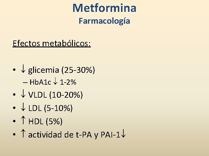 Metformina Farmacología Efectos metabólicos: • glicemia (25 -30%) – Hb. A 1 c 1