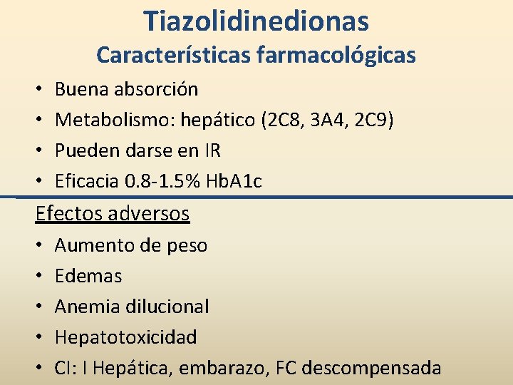 Tiazolidinedionas Características farmacológicas • Buena absorción • Metabolismo: hepático (2 C 8, 3 A