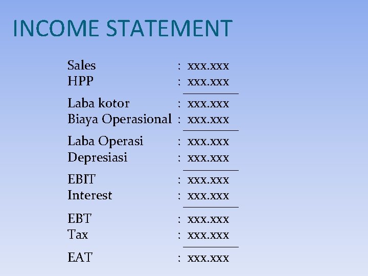 INCOME STATEMENT Sales HPP : xxx Laba kotor : xxx Biaya Operasional : xxx