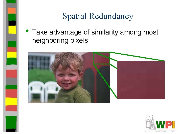 Spatial Redundancy • Take advantage of similarity among most neighboring pixels 