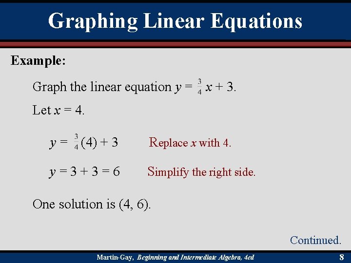 Graphing Linear Equations Example: Graph the linear equation y = x + 3. Let