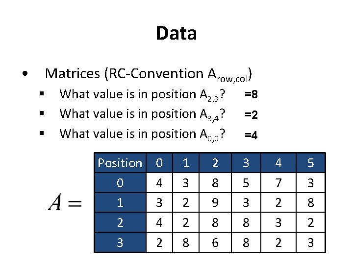 Data • Matrices (RC-Convention Arow, col) § § § What value is in position