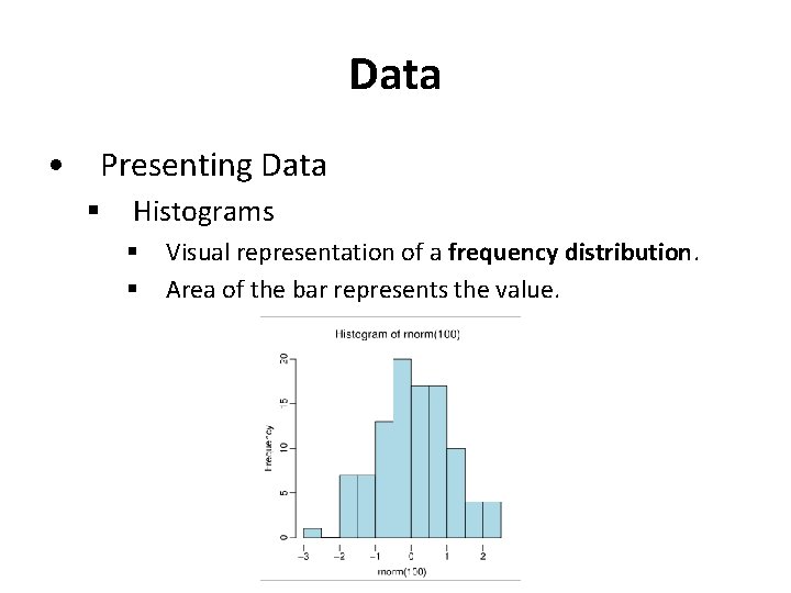 Data • Presenting Data § Histograms § § Visual representation of a frequency distribution.