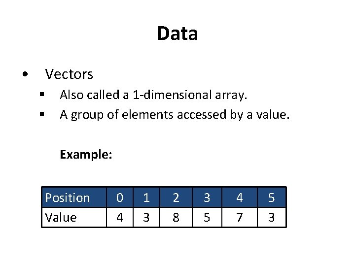 Data • Vectors § § Also called a 1 -dimensional array. A group of