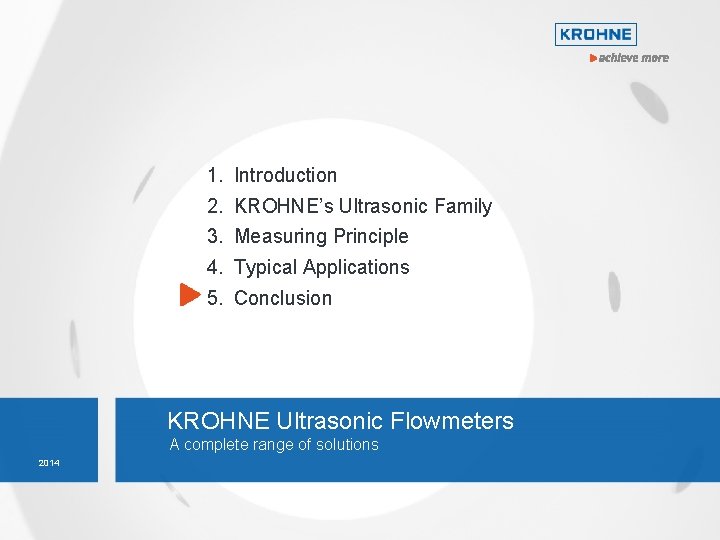 1. Introduction 2. KROHNE’s Ultrasonic Family 3. Measuring Principle 4. Typical Applications 5. Conclusion