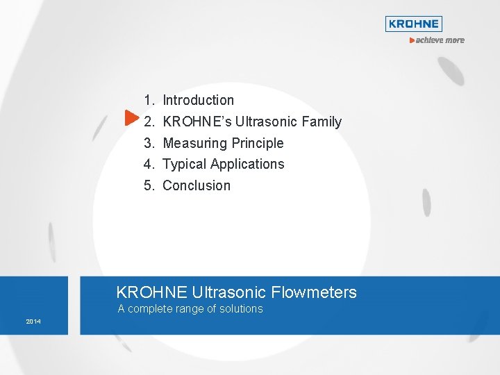 1. Introduction 2. KROHNE’s Ultrasonic Family 3. Measuring Principle 4. Typical Applications 5. Conclusion