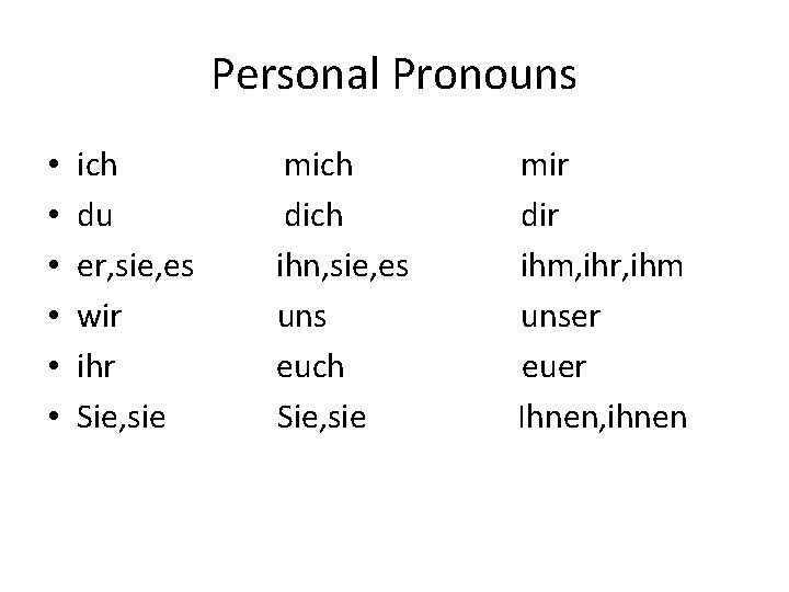 Personal Pronouns • • • ich du er, sie, es wir ihr Sie, sie Personal Pronouns • • • ich du er, sie, es wir ihr Sie, sie